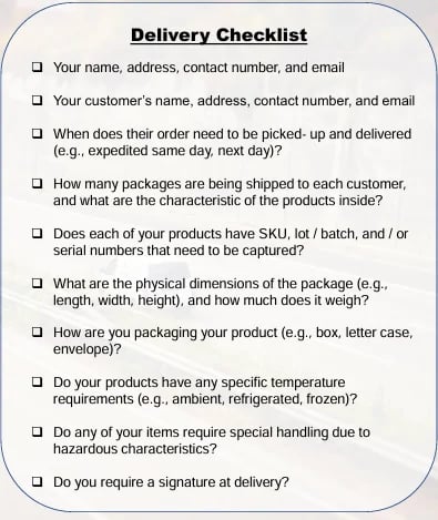 Delivery Checklist with checkboxes for verifying customer information, order details, packaging specifications, and special handling requirements
