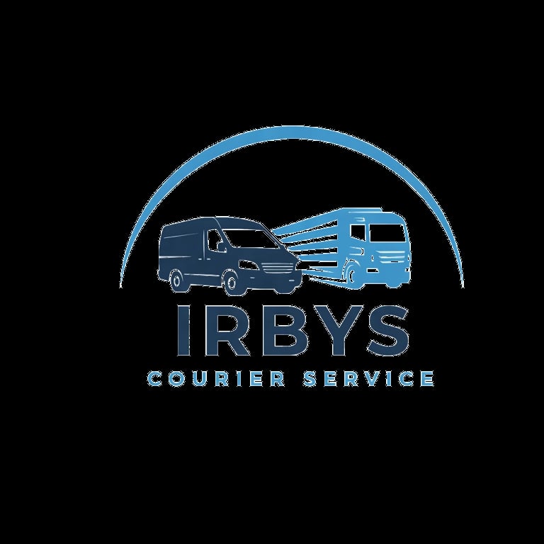 IRBYS Courier Service logo featuring two delivery vans under a blue arch on black background